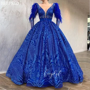 

Royal Blue Saudi Arabic Evening Dress Long Sleeves V Neck Princess Prom Gowns 2020 New Arrival Feathers Special Occasion Dresses