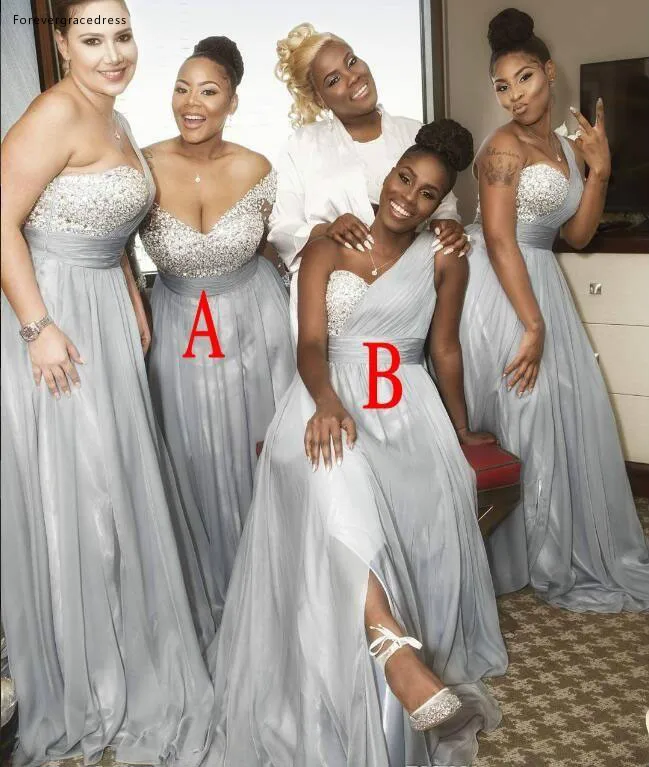 2018 Sexy Chiffon African Crystals Sweetheart Bridesmaid Dresses Beads Sleeveless Floor Length One Shoulder Plus Size Formal Dresses  95 (2)