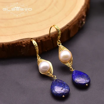 

GLSEEVO Handmade Fresh Water Pearls Natural Lapis Lazuli Dangle Hook Earrings For Women Girls Vintage Jewelry For Wedding GE0922