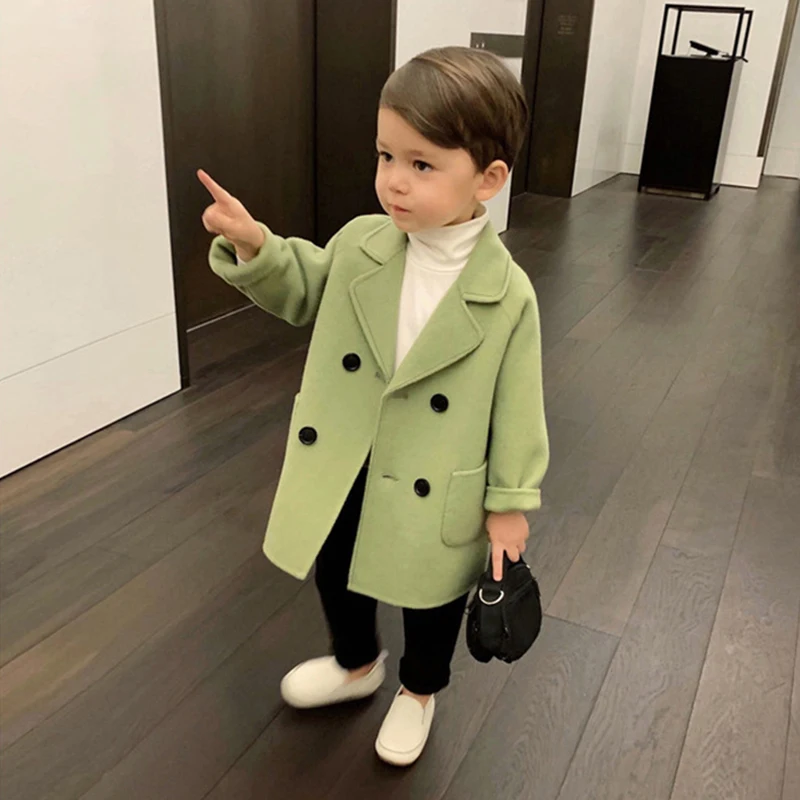  Winter Jackets Boys Solid Woolen Double-breasted Baby Boy Trench Coat Lapel 3 4 5 6 7 Y Kids Outerw