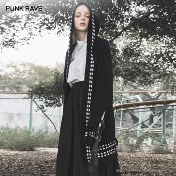 

PUNK RAVE Girl's Black Grunge Dots Pattern Casual Knitted Harajuku Hoodie Long Coats Streetwear