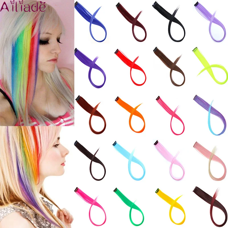 

AILIADE Colored Hair Strands Heat Resistant Synthetic Hair Extensions Clips In One Piece Ombre Fake Straight Rainbow Hair Pieces