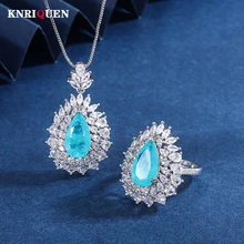 

Vintage 925 Sterling Silver 8*14MM Paraiba Tourmaline Women's Rings Pendant Necklace Wedding Party Jewelry Sets for Girlfriend