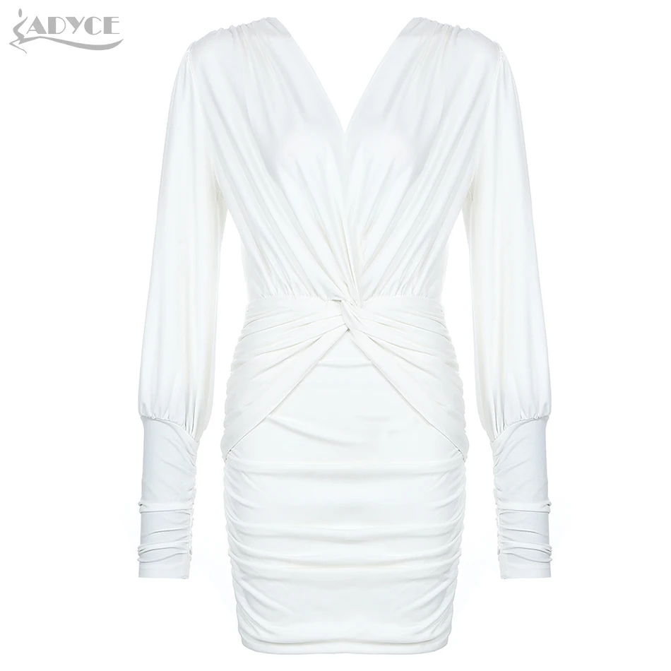 Adyce новое зимнее Белое Облегающее вечернее платье в стиле знаменитостей с длинным рукавом женское сексуальное ДРАПИРОВАННОЕ клубное мини-платье с v-образным вырезом Vestidos