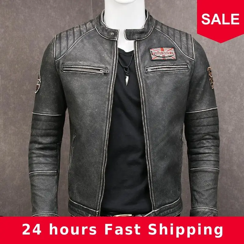 

2020 Vintage Grey Men Slim Fit Biker's Leather Jacket Stand Collar Plus Size XXXXL Genuine Cowhide Spring Leather Coat