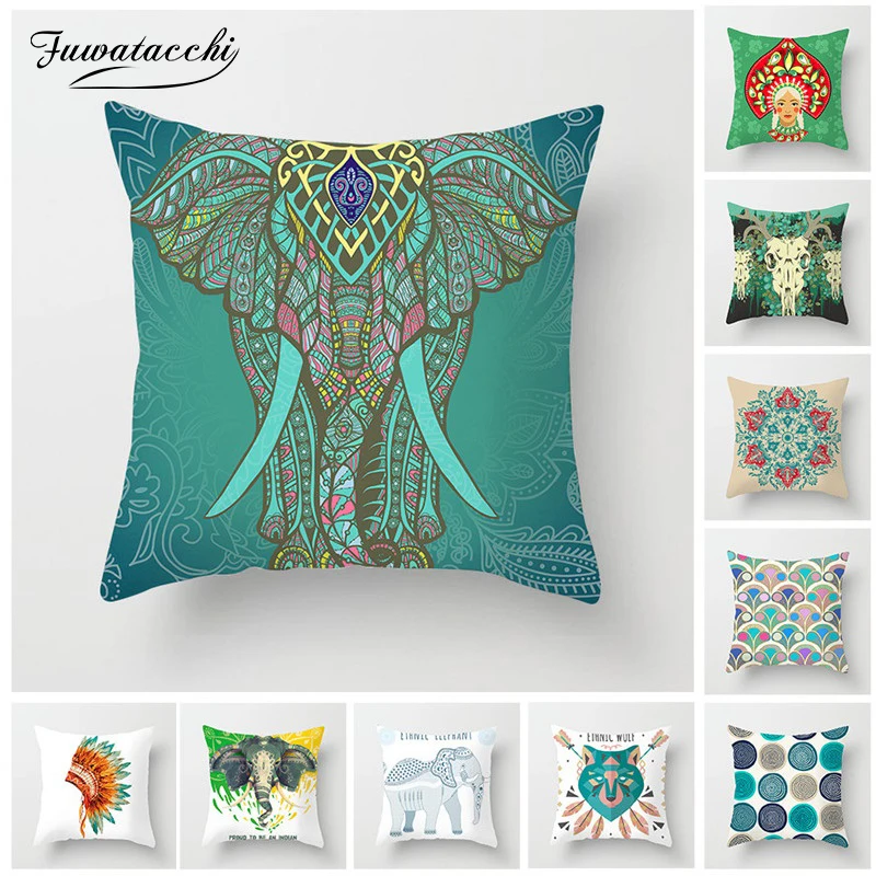 Fuwatacchi Elephant Cushion Cover Mandala Throw Pillow Cover for Home Chair Home Indian National Style Decorative Pillows 45*45