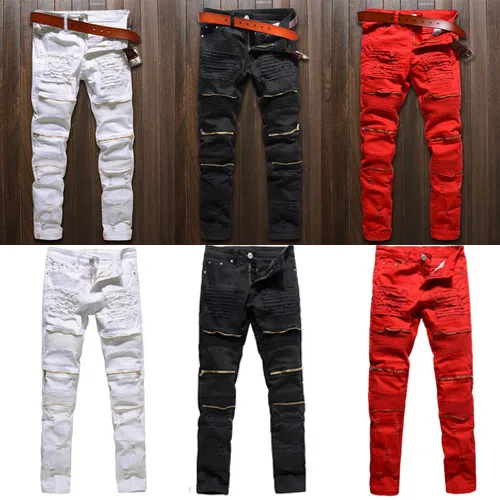 Men Skinny Stretch Denim Ripped Pants Distressed Ripped Freyed Slim Fit Jeans Destroyed Ripped Jeans Black White Red Jeans Men Skinny Stretch Denim Ripped Pants Distressed Ripped Freyed Slim Fit Jeans Destroyed Ripped Jeans Black White Red Jeans