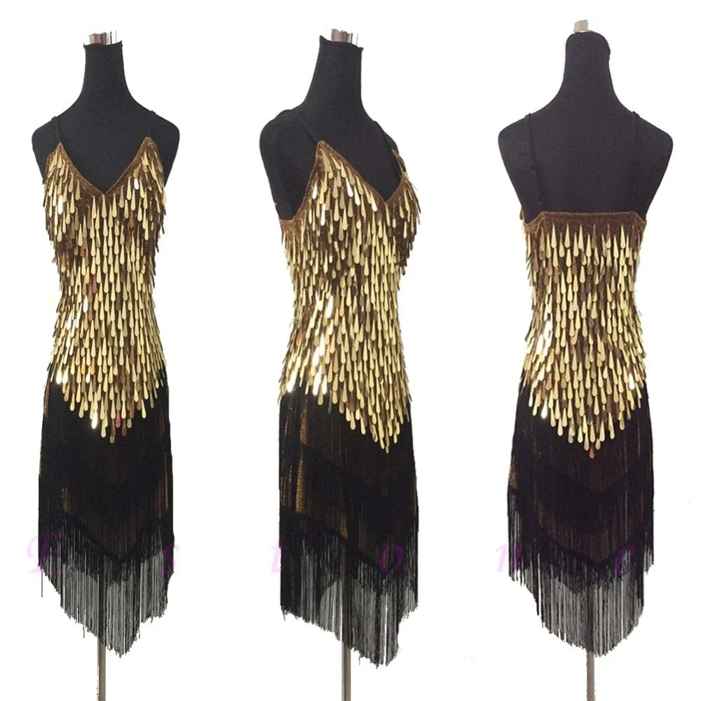 feecolor Sexy Lady Copper Sequins Ballroom Salsa Samba Rumba Latin Dancewear Dress