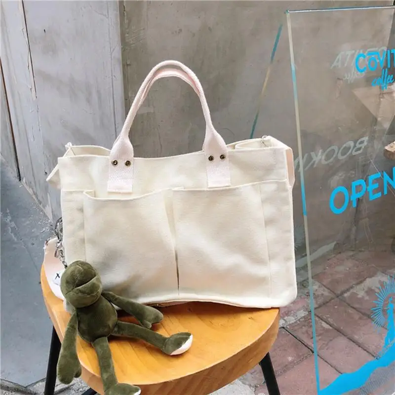 

Simple Solid Color Female Canvas Shoulder Crossbody Tote Bags Casual Fashion Large Capacity Multi-pocket Casual Handbag