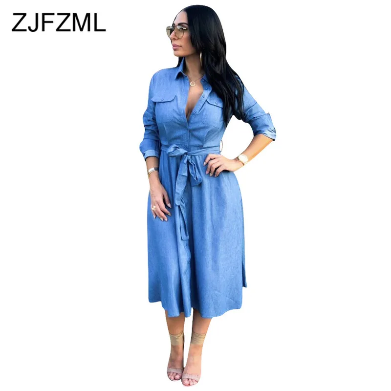 

Autumn Buttons Up Denim Dress Women Long Sleeve High Waist Sashes Plus Size Maxi Dress Causal Pockets Loose Flare Sexy Dress