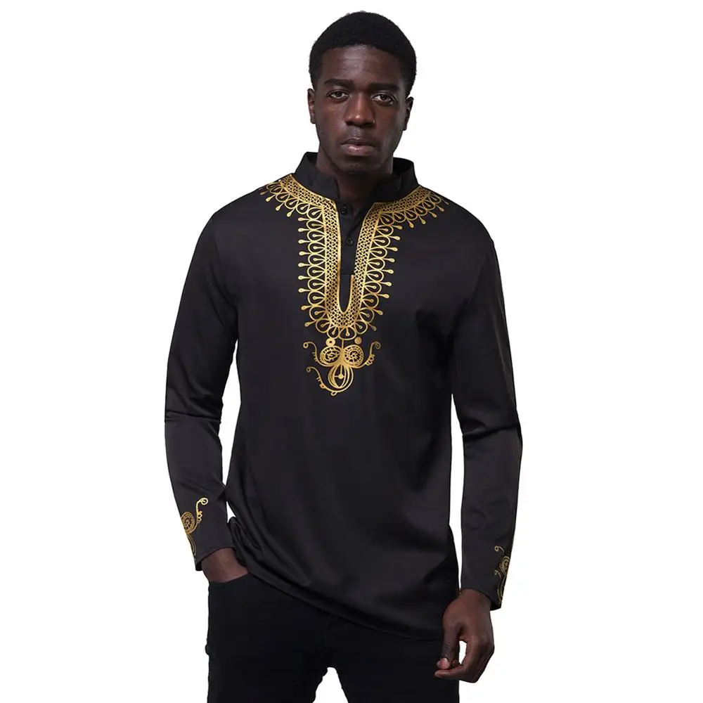 BLACK Fadzeco африканская одежда размера плюс Дашики мужской топ цвет Племенной мужской топ Золотое кружево Повседневная рубашка Классический Африканский наряд - Цвет: BLACK