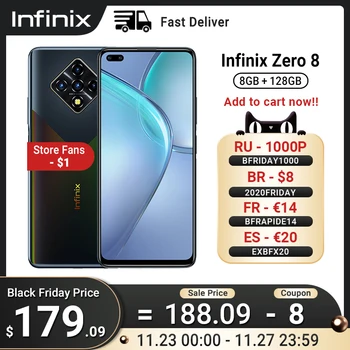 Перейти на Алиэкспресс и купить Глобальная версия Infinix Zero 8 8 ГБ 128 Гб Смартфон 6,85 ''FHD 90 Гц полный экран 64-мегапиксельная четырехъядерная камера 4500 мАч батарея зарядное устрой...