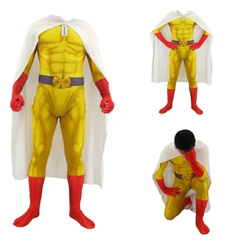 

Kids Adult One Punch Man Anime Cosplay Costumes Superhero Saitama Men Boys Halloween Jumpsuit Outfits with Cloak Cape Role Play