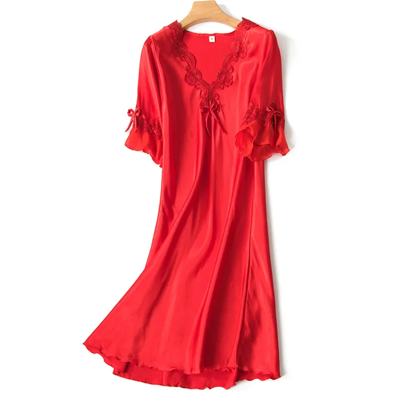 Платье для сна с v-образным вырезом в Корейском стиле; шелковое кружевное платье с короткими рукавами; домашняя пикантная Ночная одежда для сна; женское шелковое белье; платье для сна - Цвет: red