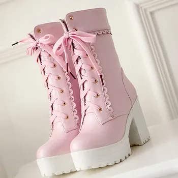 

Women Block Heels Boots Lace Up Pu Leather Platform Boots High Heels Shoes Zapato De Mujer Booties White Female Party Pink Boots