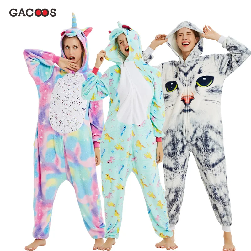Новинка, зимняя Пижама с единорогом для взрослых, пижама с животными кугуруми, женская пижама с рисунком панды, фланелевая теплая Пижама, комбинезон с единорогом