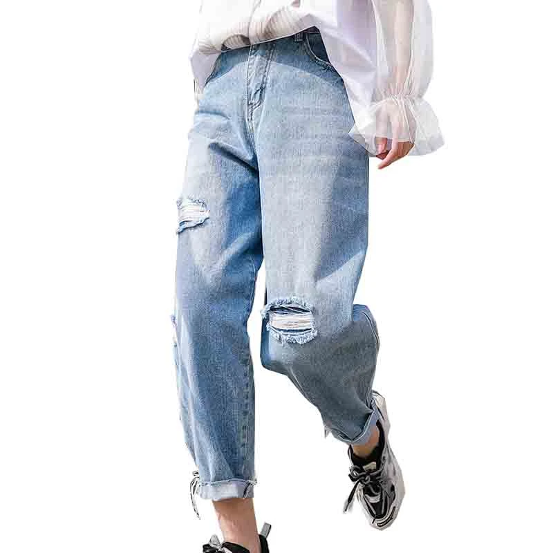 QONG MO Blue Women Holes Pants 2020 Spring Denim Jeans Female High Waist Ankle Length Loose ZQY2923 |