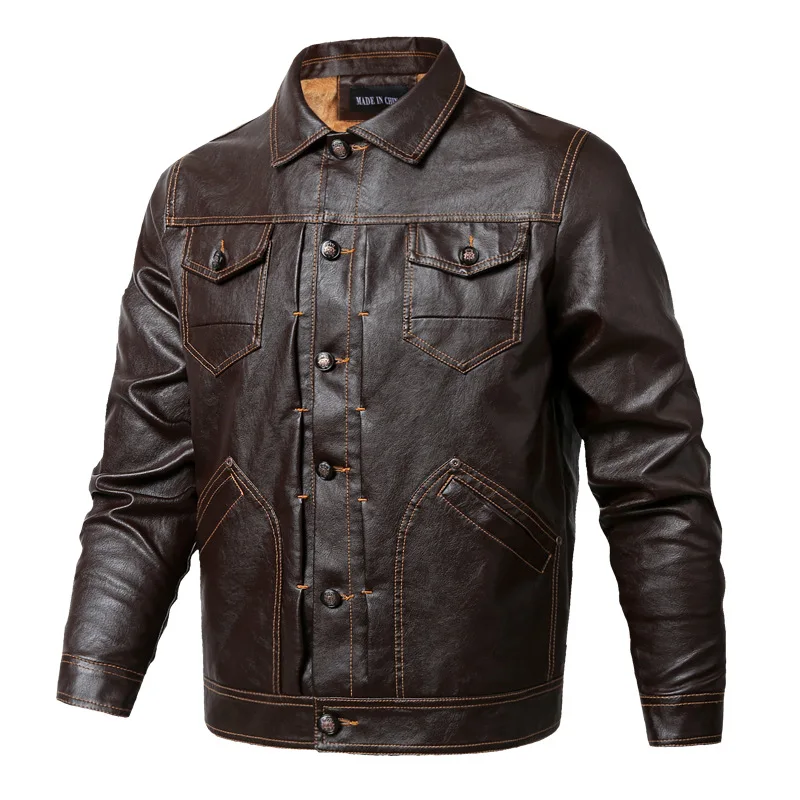 

2019 Winter Casual Men's PU Leather Large Size Loose-Fit Fold-down Collar Leather Jacket plus Velvet Multi-pockets Coat