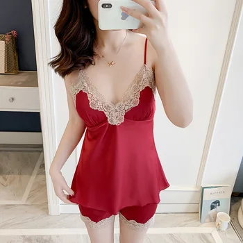 

Summer New Strap Top&Shorts Female Sexy Sleepwear 2PCS Sleep Set Lace Patchwork Intimate Lingerie Homewear Casual Pajamas