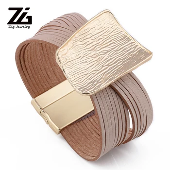 

ZG Women's Leather Bracelet 2019 Women's Boho Style Irregular Metal Charm Wide Bracelet