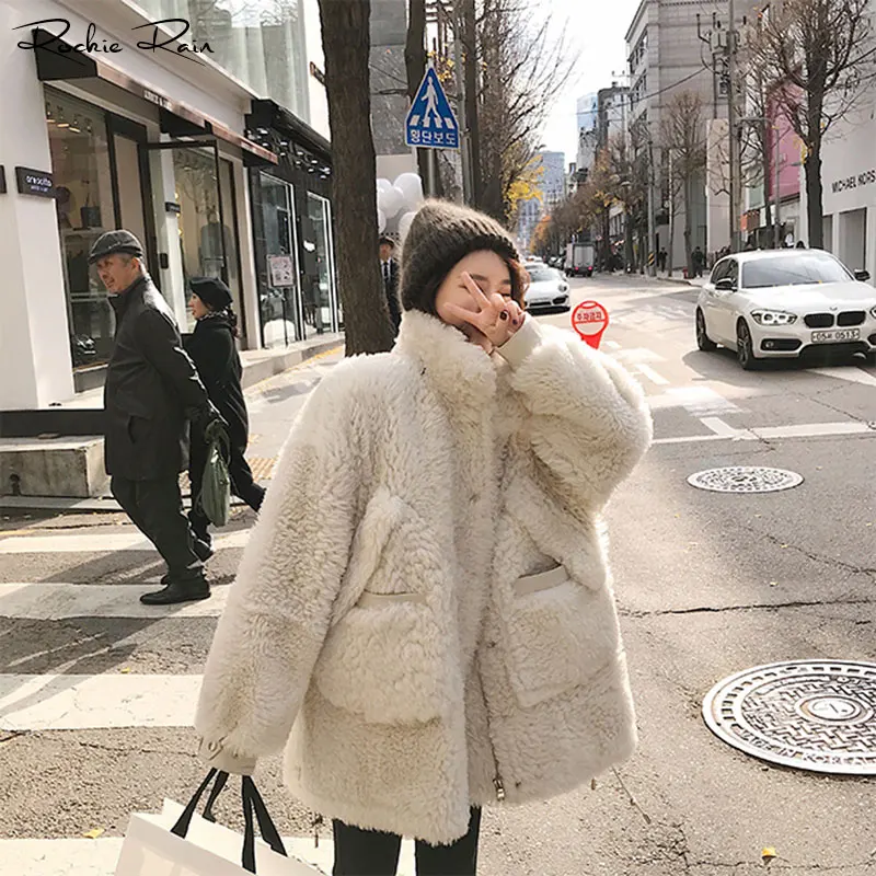

New Women's Real Natural Lamb Fur Jacket Lady Genuine Sheepskin Shearling Coat Fall Winter Warm Real Fur Overcoat