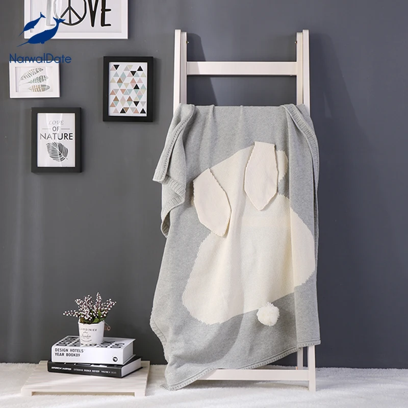 Cute Cotton Knitted Blankets for Children Gray 3D Rabbit Crochet Blanket Throw on The Sofa Soft Kids Bedspreads NarwalDate | Дом и сад