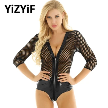 

Women One-piece swimsuits See Through Fishnet Faux Leather Splice Deep V Neck 3/4 Sleeve High Cut Front Zipper Teddy Bodysuit