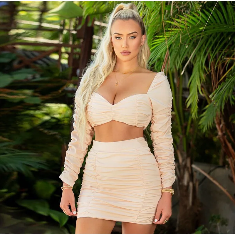

Two Pieces Skirt Set Women Long Sleeve Bandage Club Matching Set Outfit Elegant Office Ladies Bodycon 2 Piece Female Tracksuit