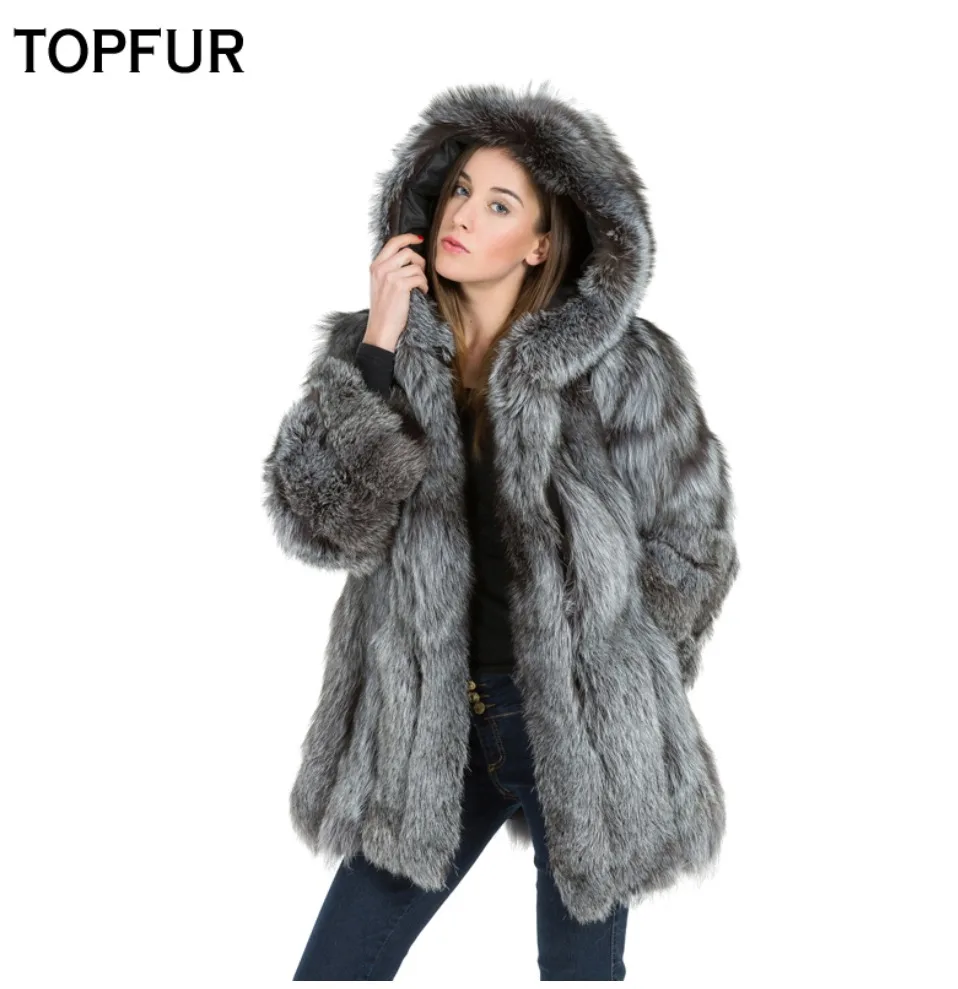 TOPFUR, модные зимние женские пальто с капюшоном, натуральный мех, пальто для женщин, натуральный мех серебристой лисы, верхняя одежда и пальто, базовые куртки