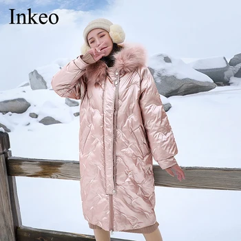 

Women Faux fur collar Winter jacket Fashion Hooded Loose Embroidery Female Long Parkas Thick warm Coat Elegant New INKEO 9O019