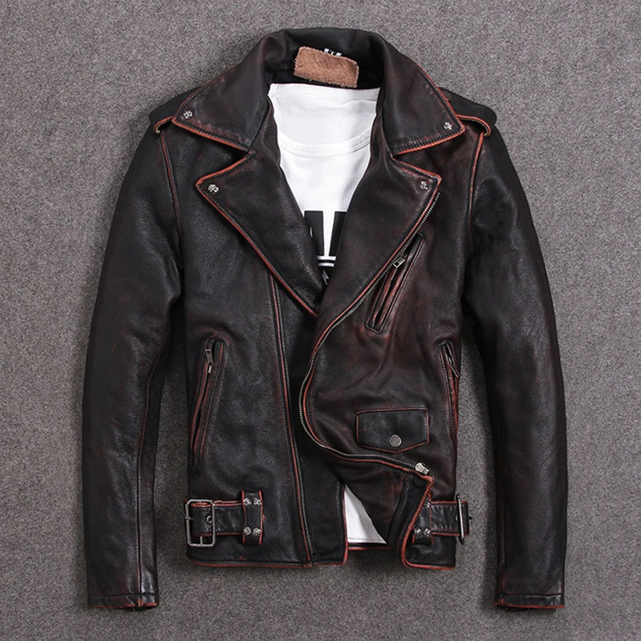 

2020 Vintage Brown Men Slim Fit Biker's Jacket Plus Size XXXXXL Genuine Cowhide Short Motorcycle Leather Coat