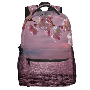 

Cherry Lake Lake Texture Branch Cherry Water Surface Pink Backpack Wear Resistance Laptop Backpack Book Bag Casual Sports Bags