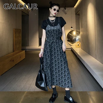

GALCAUR Casual Print Women Dress Square Collar Spaghetti Strap High Waist With Sashes Hit Color Dresses Female Clothing 2020 New