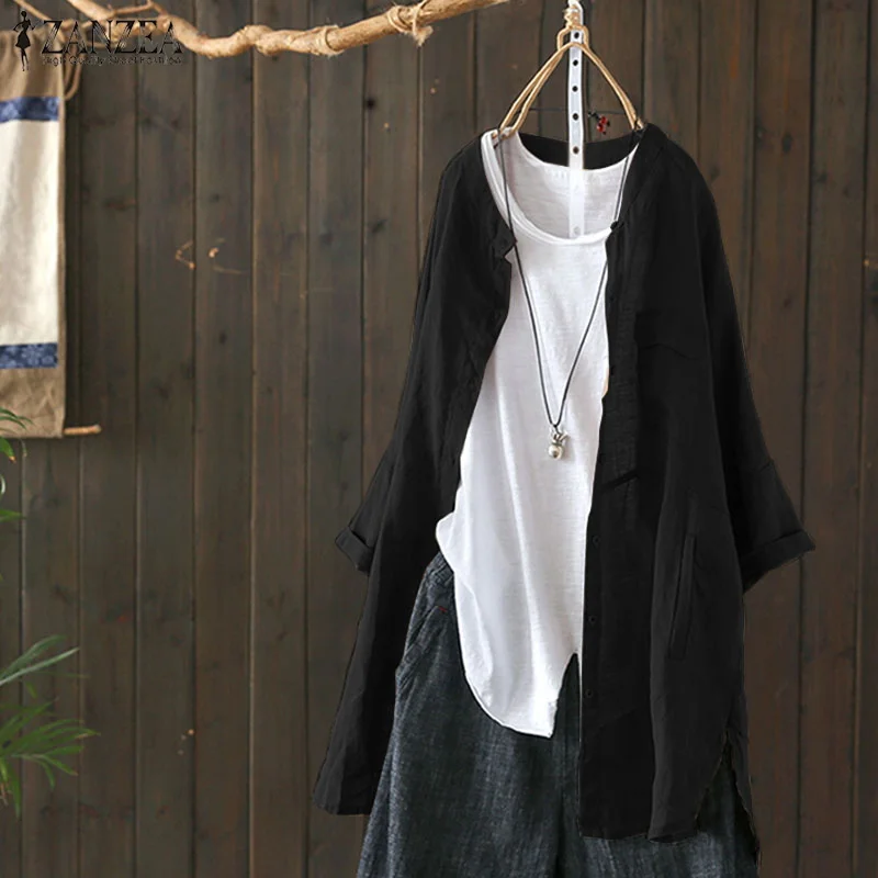 Kaftan/Осенняя женская льняная блузка ZANZEA, повседневные кардиганы на пуговицах, женские блузы с длинными рукавами, Женская туника футболка S-5XL