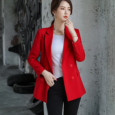 Bouble однобортный Однотонный женский блейзер с карманами Женское пальто Модные Пиджаки Верхняя одежда Высокое качество куртки 5XL - Цвет: Red Blazer