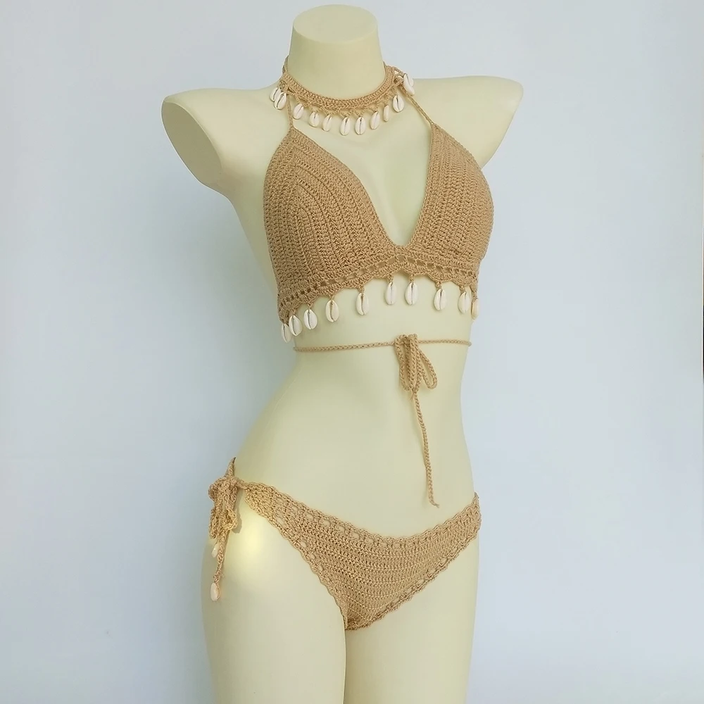 cute swimsuits 3pcs Bikini Set Woman Crochet Shell Tassel Bikini Top And Seashell Ankle Chain Sexy Beach Skirt Lace See Through Slim Mini Skirt strapless bikini set