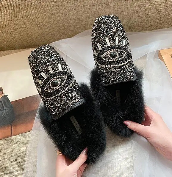 Сетчатые красные меховые тапочки женская одежда г. Осень-зима, новые модные шлепанцы на плоской подошве с блестками Mueller Baotou