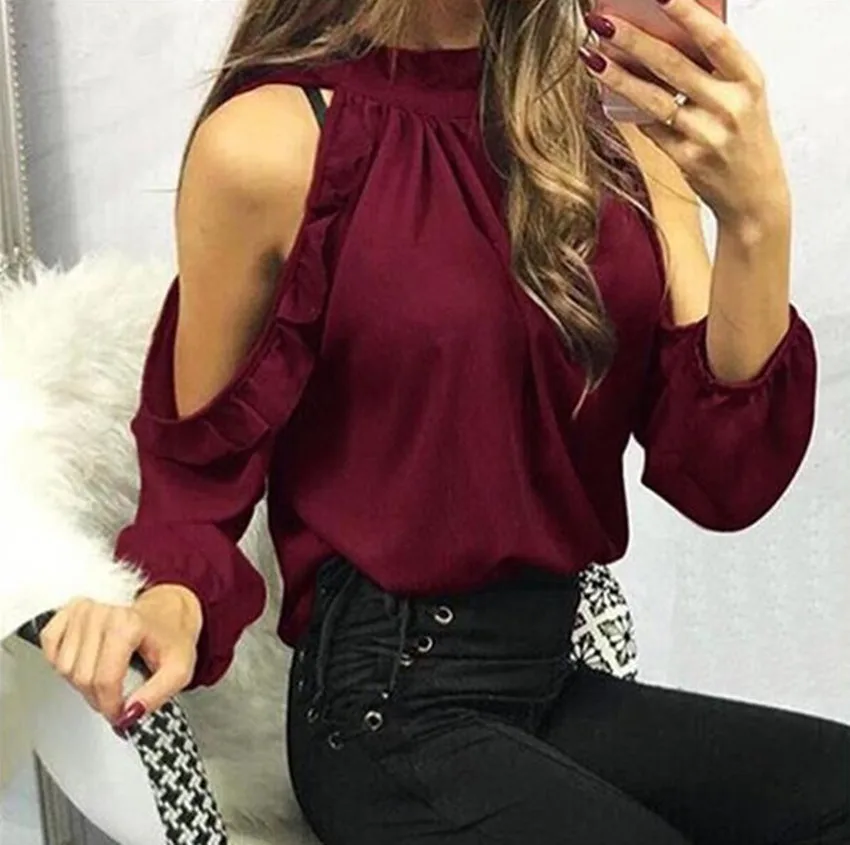 

Womens Long Sleeve Shirts New 2019 Ladies Jumper Pullover Tops Striped Bare Shoulder Blouse Autumn Winter Elegant Woman Tops Hot
