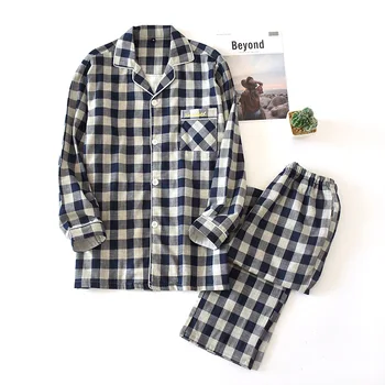 

Spring And Autumn Cotton Long-sleeved Trousers Lattice Couple Pajamas Suit Plaid Men's Home Service Suit Women Pajama Set