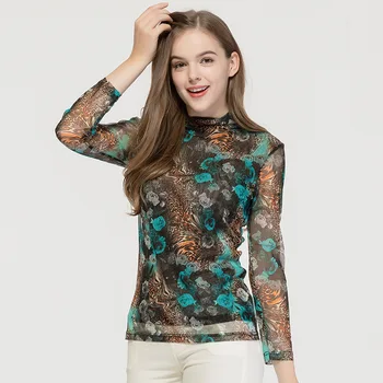 

Autumn New Real Silk Mesh Knit Jersey 100% Mulberry Silk Slim Fit Half-Turtle-Neck Printed Long-sleeved T-shirt Women's