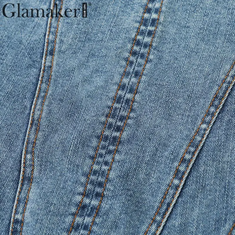 Glamaker сексуальный джинсовый женский праздничный топ на бретельках, модный синий короткий топ без рукавов, женские вечерние облегающие Топы