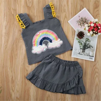 

Free shipping Toddler Kids Baby Girl clothes off shoulder Rainbow print Tassel pullover Vest Ruffle solid Skirts 2pc cute outfit