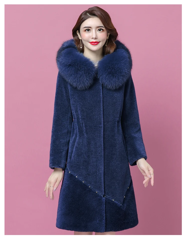 HANZANGL Sheep sheared coat Winter Wool Coat Women's Fox Fur Collar Hooded Warm Cashmere Jacket Long Fur Overcoat L-4XL