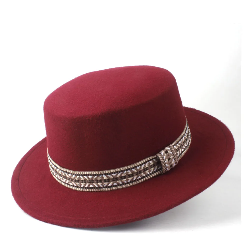 Новая мужская и женская мода Fedora гладкая шляпа Зимняя широкоугольная шляпка для церкви шерсть фетровый, Джазовый головной убор Панама чародейная шляпа размер 56-58 см - Цвет: Wine Red