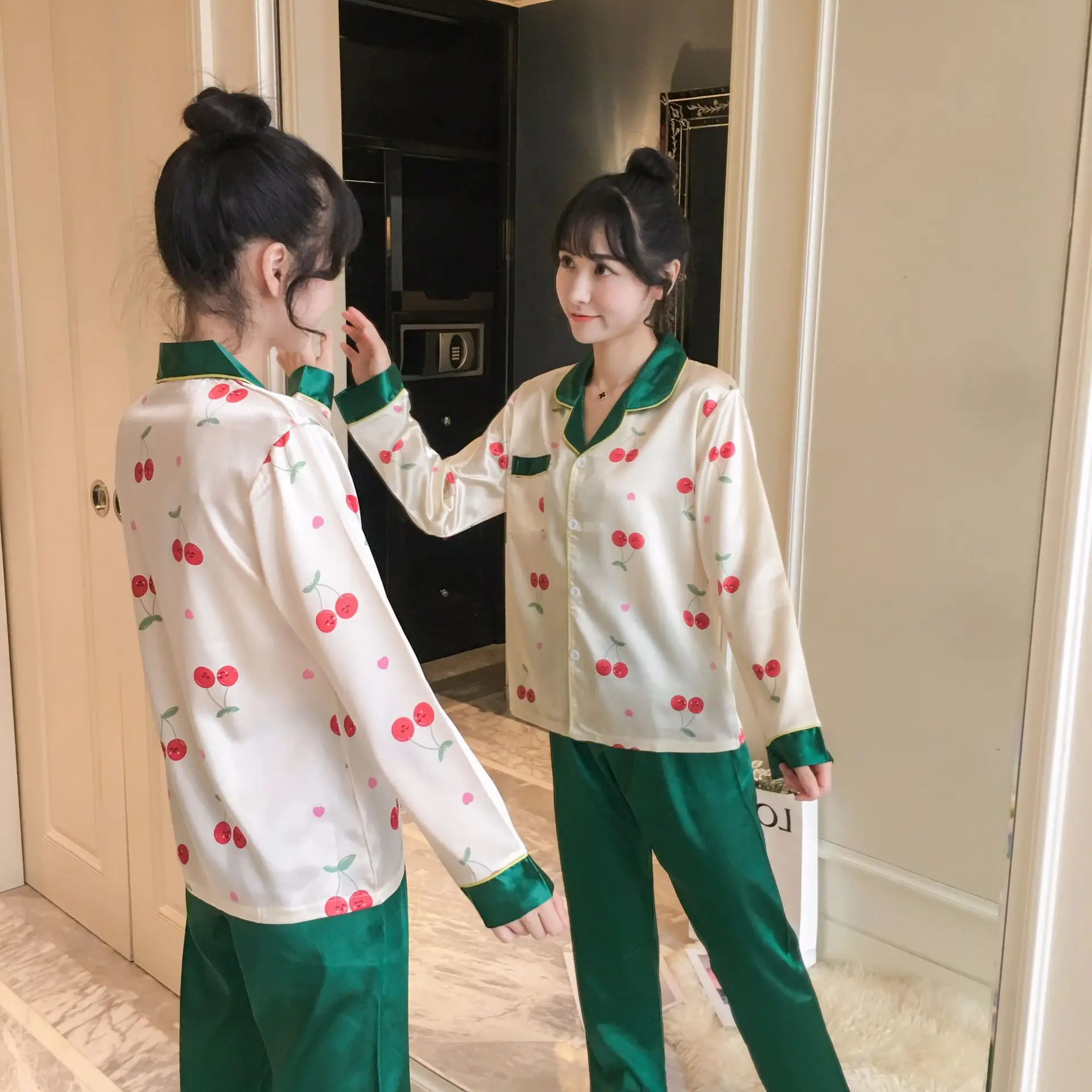 

925 # Heart Cherry Cardigan QN Long Sleeve Pajamas Homewear Set Series