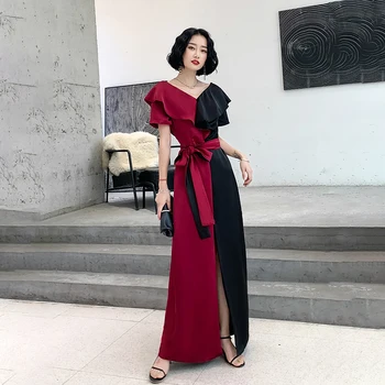 

Black-Burgundy Patchwork Evening Party Dress Lady Oversize 3XL Sexy High Split Evening Prom Gowns Cheongsam New Vestidos