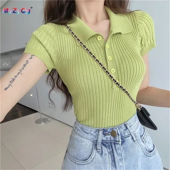 

High Elasticity Women Casual Short Sleeve Knitted Pullovers Sweater Streetwear Turn Down Collar Solid Female Tops Clothes