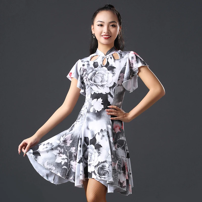 Платье для латинских танцев Daults Cheongsam платье с оборками на рукавах латинская ча Румба Самба Танго танцевальная юбка представление одежда DQS2498