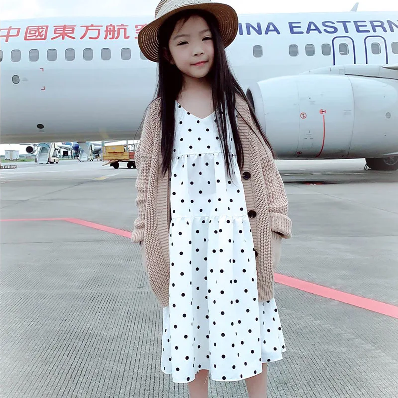 

Girls Dress Summer 2019 Korean-style New Style Middle And Large tong yin Dotted V-neck Sleeveless Cake Dress Girls' Princess Ski