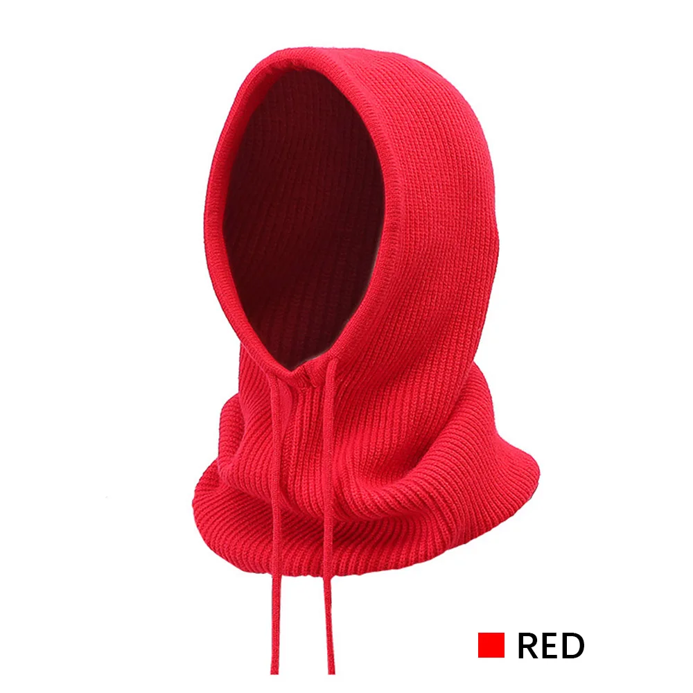Зимние вязаные шапки унисекс с капюшоном для женщин, теплые одноцветные шапки, мягкий шарф для мужчин, сохраняющий тепло, мужской стиль - Цвет: Красный